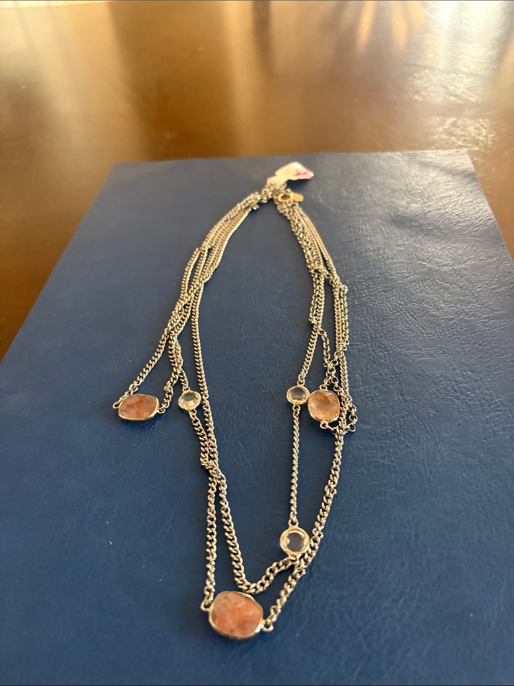 NWT Loft -Multi-Strand silver Tone Necklace with Peach and Clear Cabochons